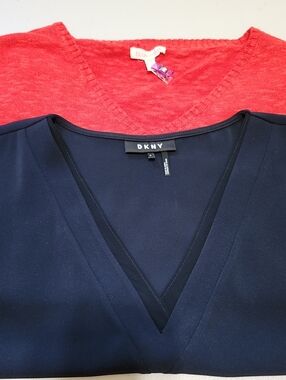 EUC 2 Tops SzM, Eileen Fisher Red and DKNY Navy, V-Neck Short Sleeve Tops